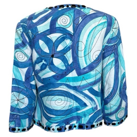 Sigrid Olsen Jacket with Blue White Printed Pattern Black Bead Accents, Size 8 - Picture 3 of 8